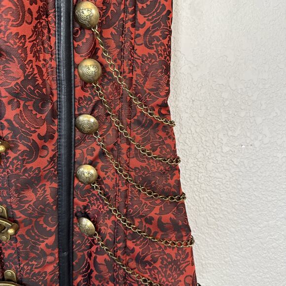 Red Black Jacquard Brocade Steampunk Over Bust Boned Corset Brass Chains Buttons - Picture 3 of 6